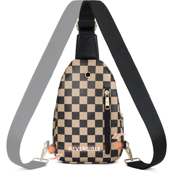 Women Checkered Coffee Imported Leather Small Crossbody Chest Sling Travel Bag - Picture 6 of 8